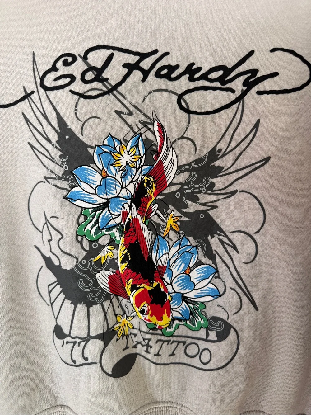 Vtg Ed Hardy Koi Fish Tattoo Graphic Sweatshirt Beige XL Y2K Streetwear